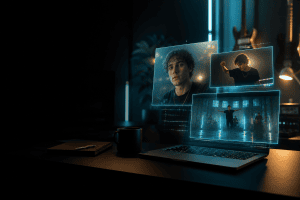 Dark creator studio with a laptop and holographic frames showing the same character as a portrait, a performance clip, and a music video