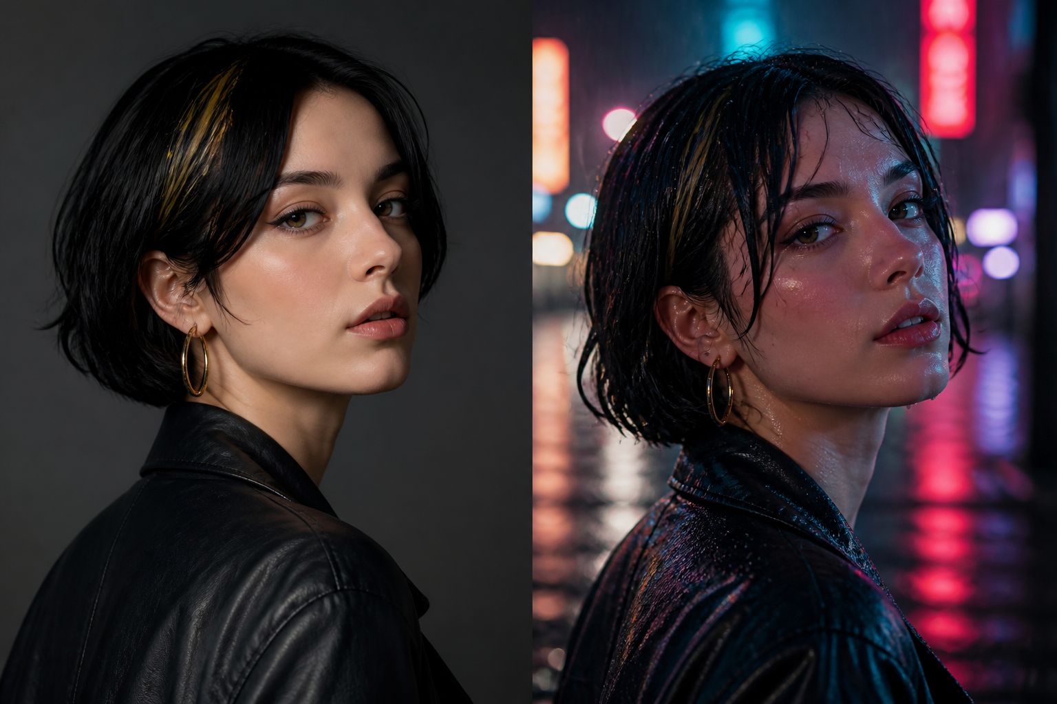 Side-by-side of the same woman with a short black bob and gold streak: studio portrait on the left, rain-wet neon street on the right
