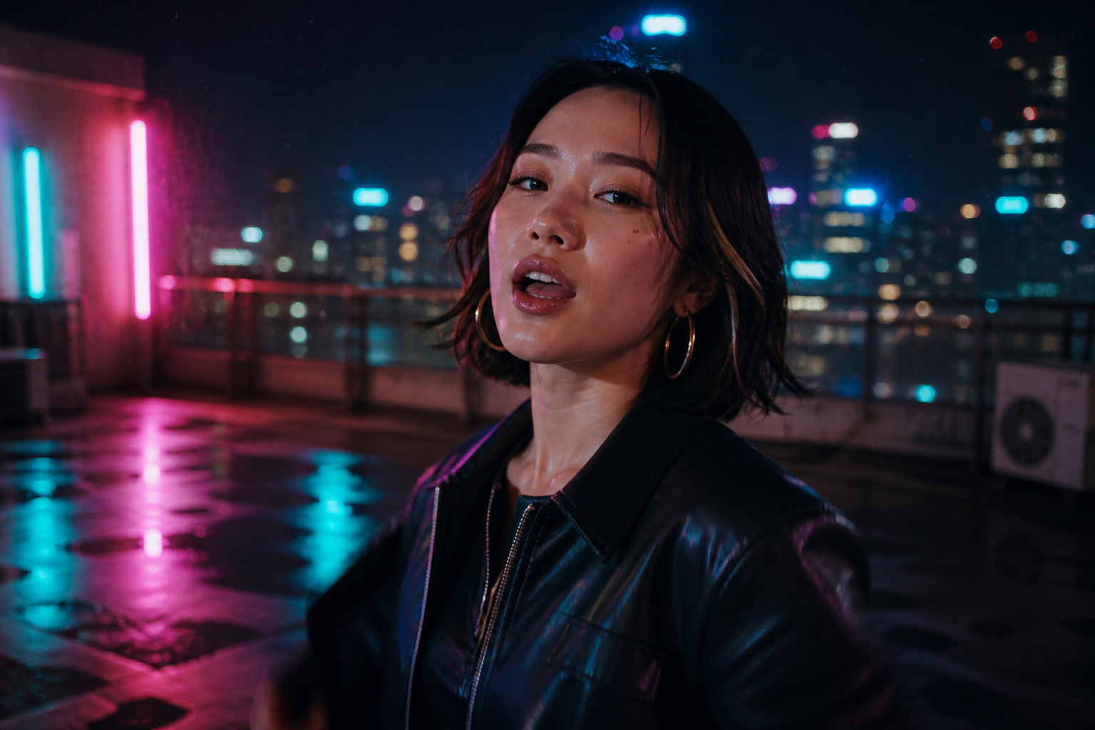 Cinematic night rooftop still of a woman in a leather jacket under pink and cyan neon city lights