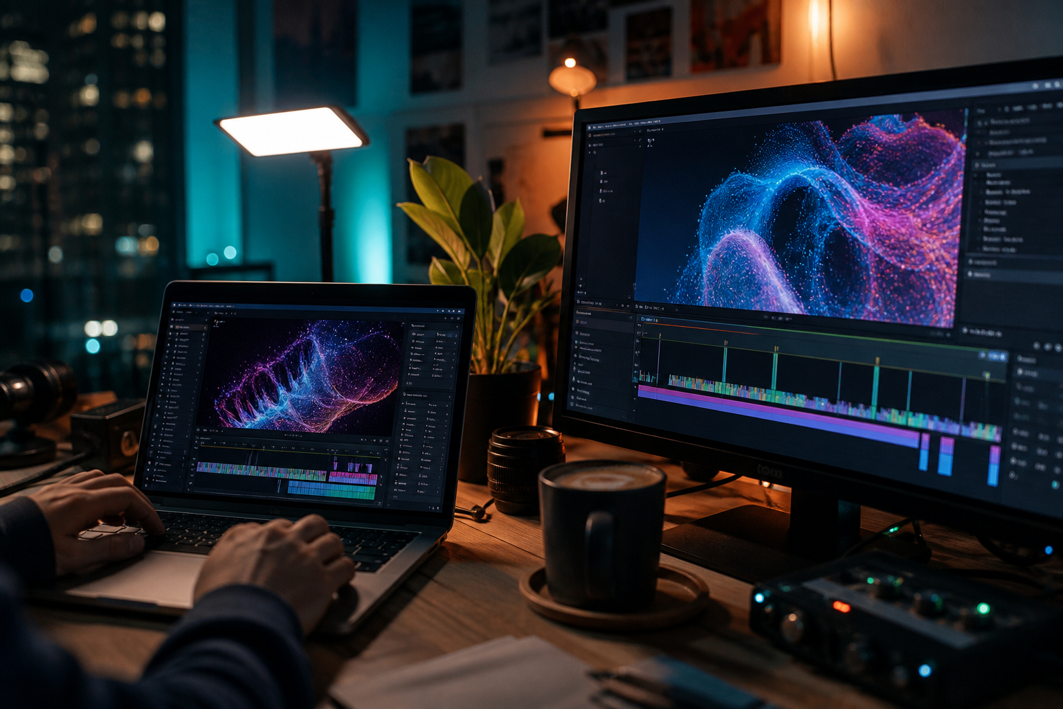 Night desk with a laptop and monitor showing generative video timelines, coffee, and city lights in the window