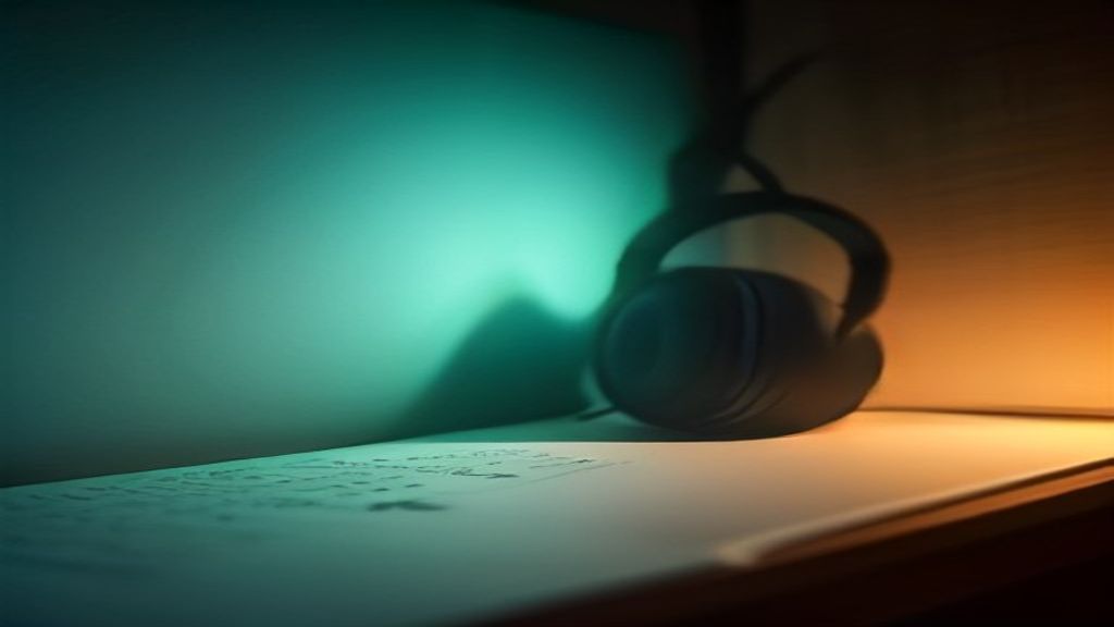 Over-ear studio headphones beside handwritten lyric notes on a dark desk with teal and amber light