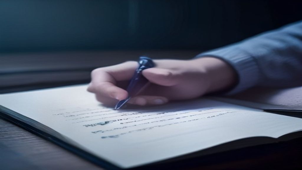 Hand writing in an open notebook under cool night desk light, illegible draft lines