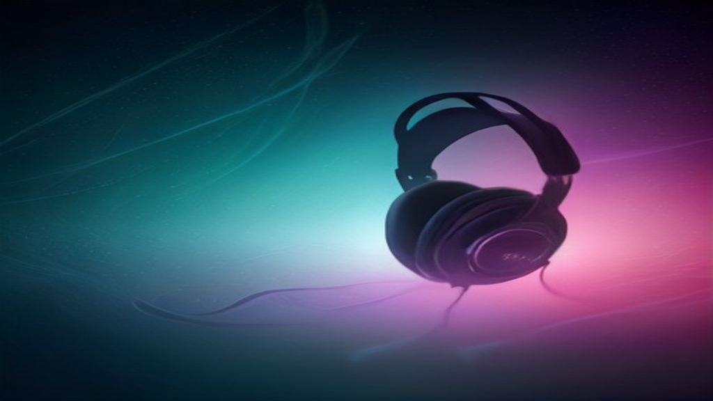Studio headphones surrounded by teal and magenta abstract sound-wave light, no interface