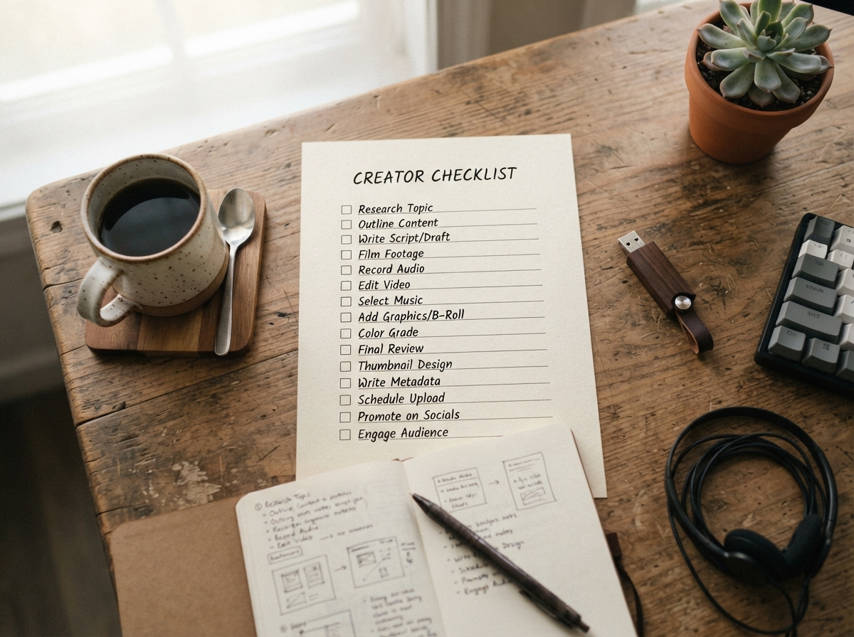 Creator desk checklist flat lay for clearing music rights before upload