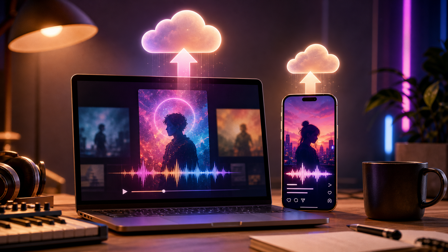 Laptop and phone showing abstract music video thumbnails ready to share