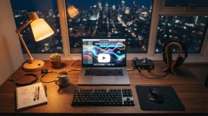 Creator desk with laptop showing music waveform and YouTube-style play icon