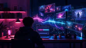 Creator desk with glowing music waveforms and cinematic video frames