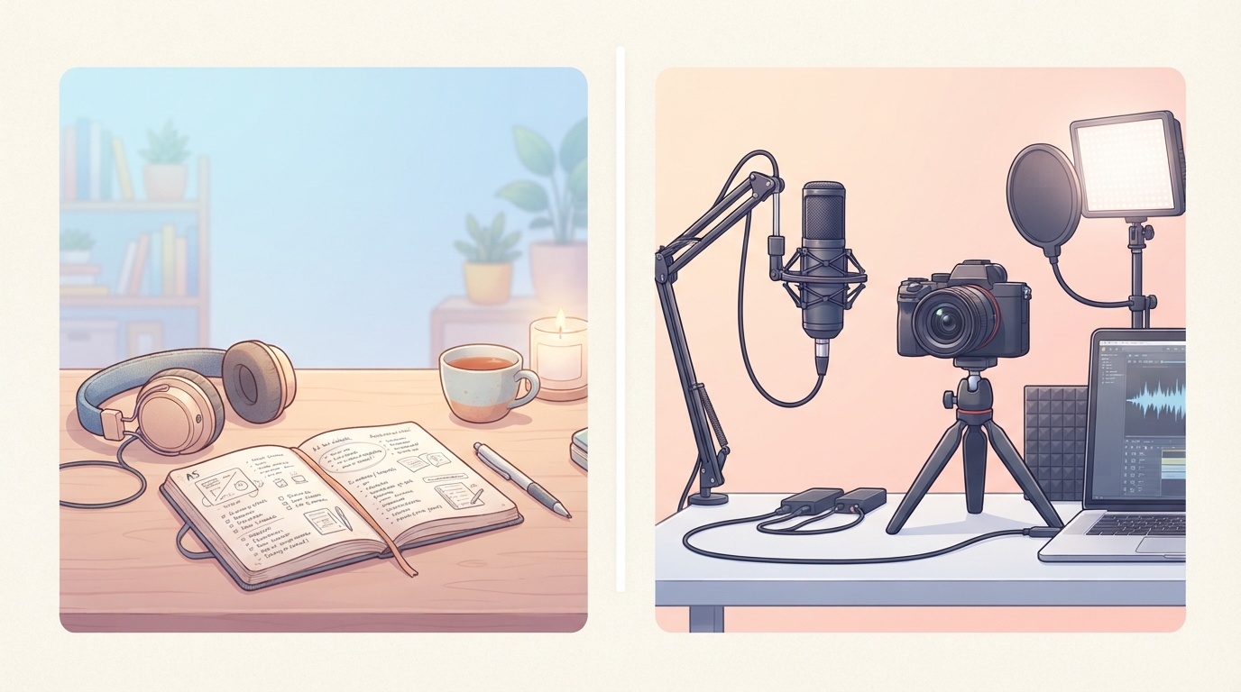 Concept art contrasting personal listening with a monetized creator desk setup