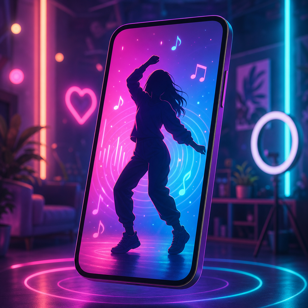Smartphone mockup with stylized character silhouette and music notes