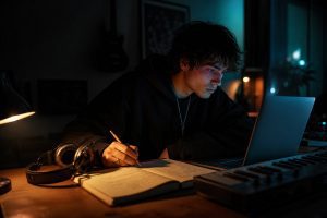 Songwriter at a night studio desk writing lyrics next to a laptop and MIDI keyboard, Custom Mode workflow mood